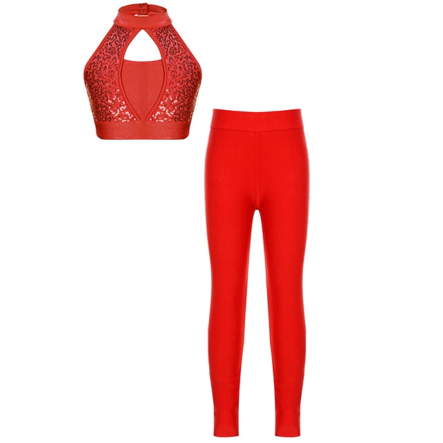renvena Ensemble de Sport pour Filles Enfants Gym Ballet Danse Crop Top avec Leggings Rouges 6