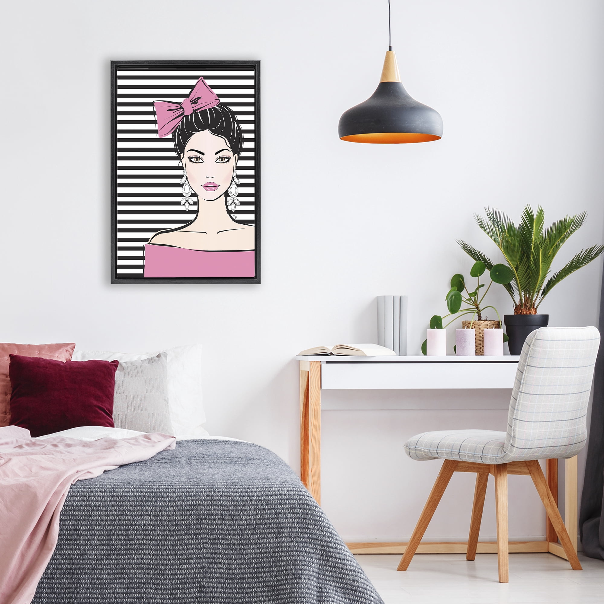 Stupell Industries Girl with Pink Bow & Earrings Black Framed Floater Canvas Wall Art, design by Martina Pavlova