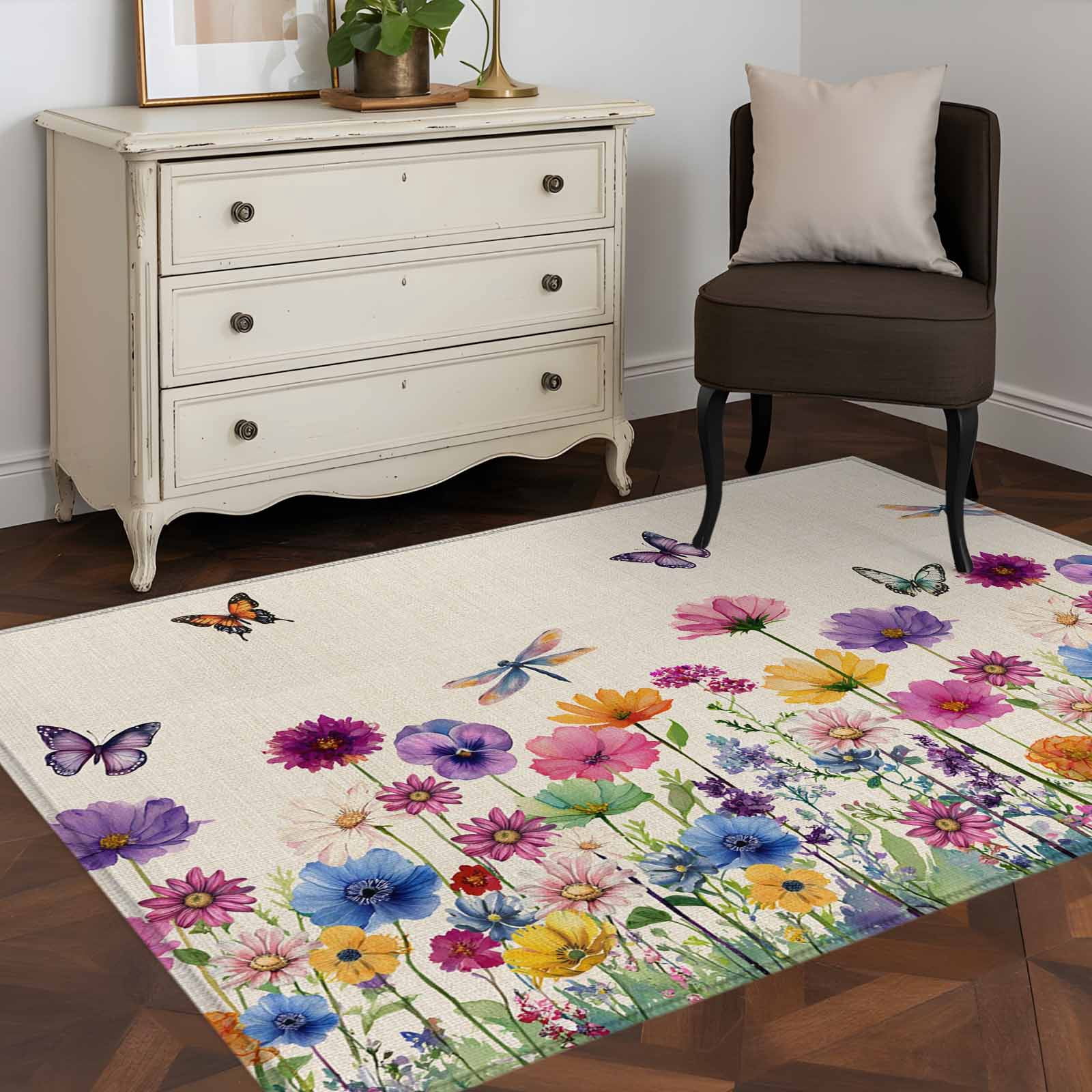 Area Rugs 2.7'x5', Vintage Flowers Carpet for Living Room Bedroom Dining Room, Watercolor Butterfly Dragonfly Daisy Beige Throw Kitchen Rugs Non Slip Washable Rectangle Indoor Outdoor Rugs