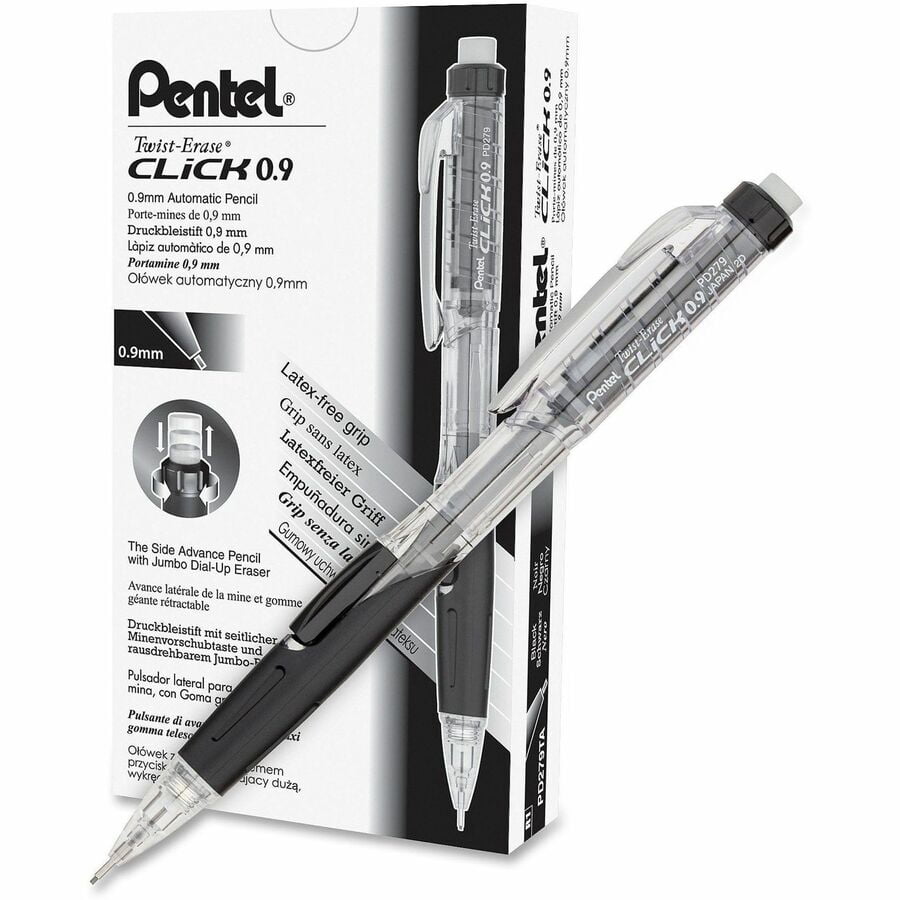Twist-Erase CLICK Mechanical Pencil (0.9mm) CLEAR Barrel, Black Grip, 12 Count