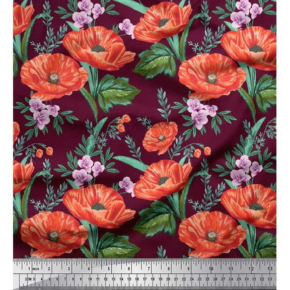 Soimoi Purple Silk Fabric Leaves & Floral Print Sewing Fabric Yard 42 Inch Wide