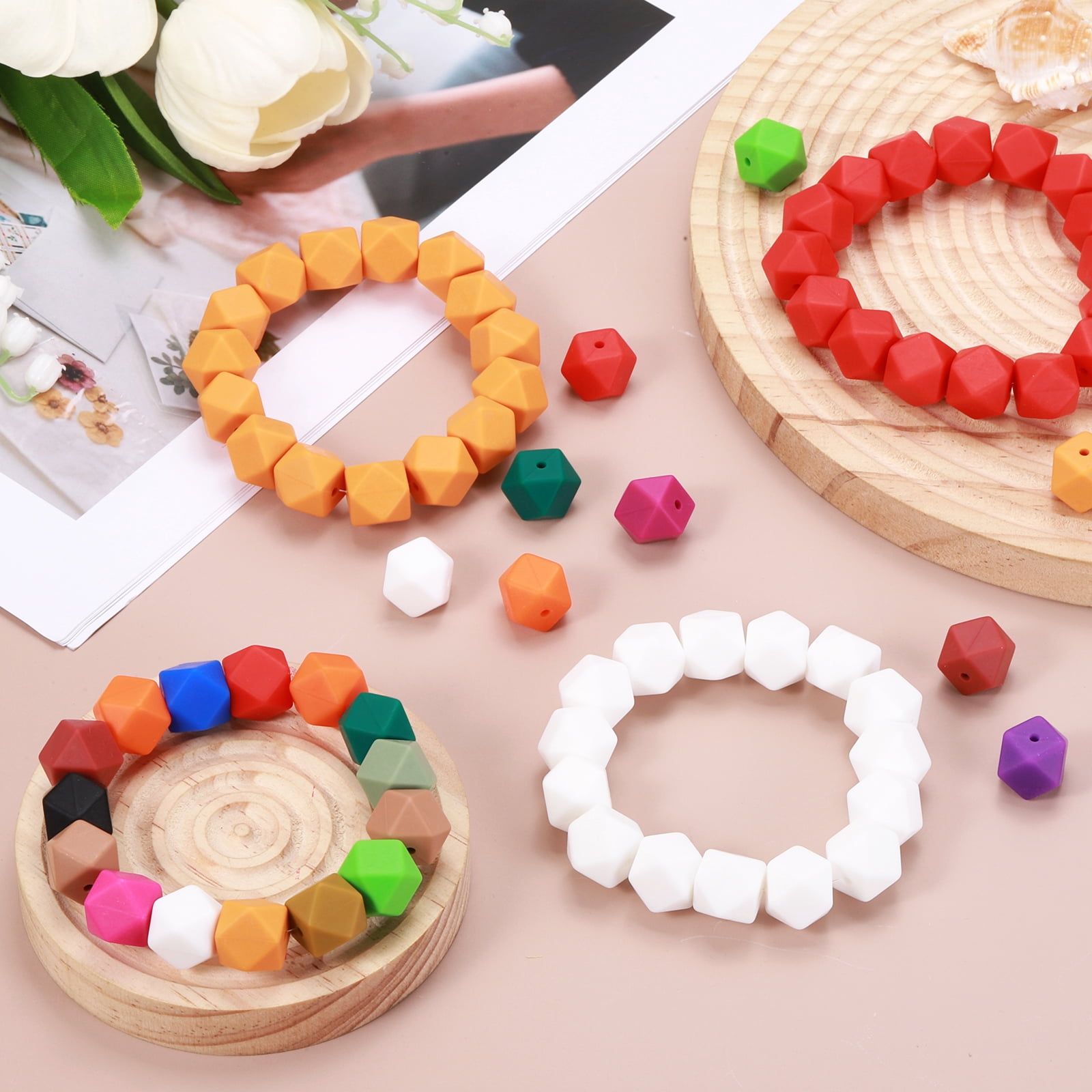 96Pcs Silicone Beads 14mm Hexagon Rubber Focal Beads Bulk for Pens Keychain Bracelet Necklace DIY Crafts Making, Olive Green