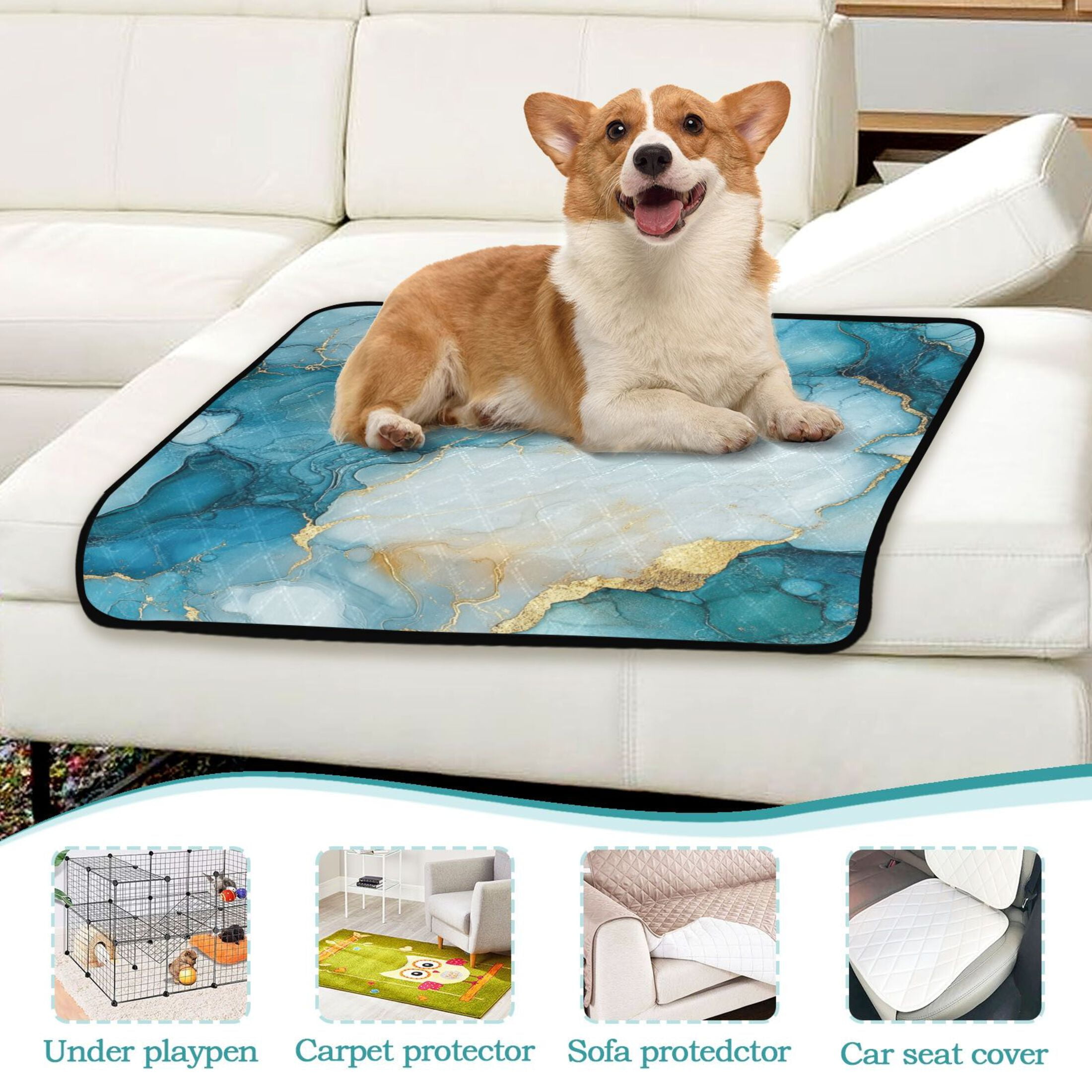 Qxltty Cyan Gilt Marbles Cat litter Pads Pet Set of 2 Diaper Mats Center Anti-leakage Layer Absorbent Soft and Comfortable