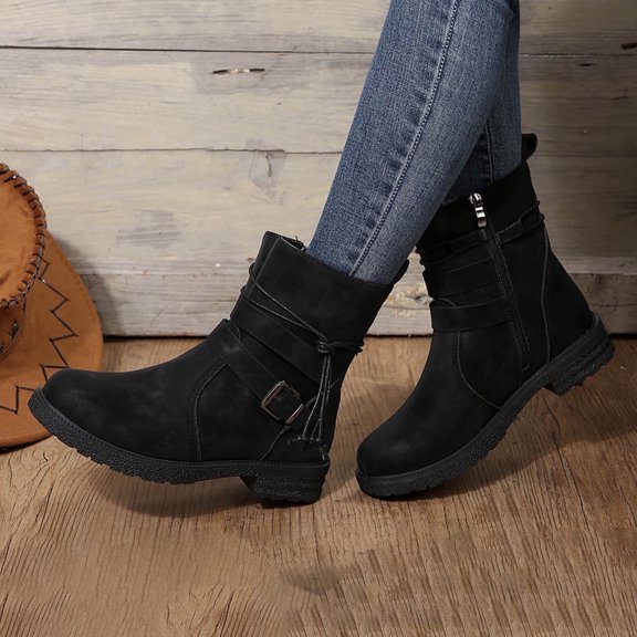 JUSLIO Womens Boots,Chunky Heel Boots Comfort Mid Calf Boots Solid Color Fashion Casual Lightweight Boots