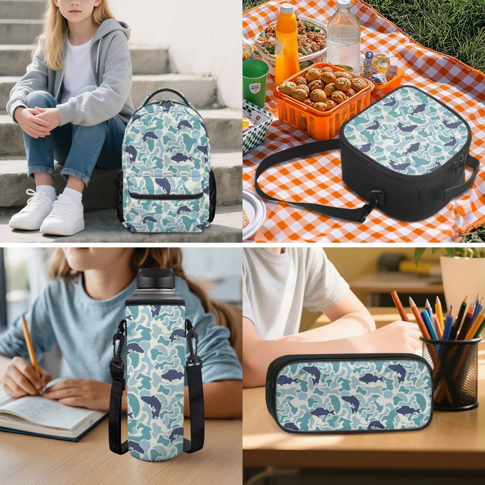 Pzuqiu Blue Fish Camo Lightweight 5 Piece Girls Backpack Set with Insulated Lunch Box Water Bottle Holder Pencil Case for Elementary Kindergarten Girls Ages 6-10 Daily School Use