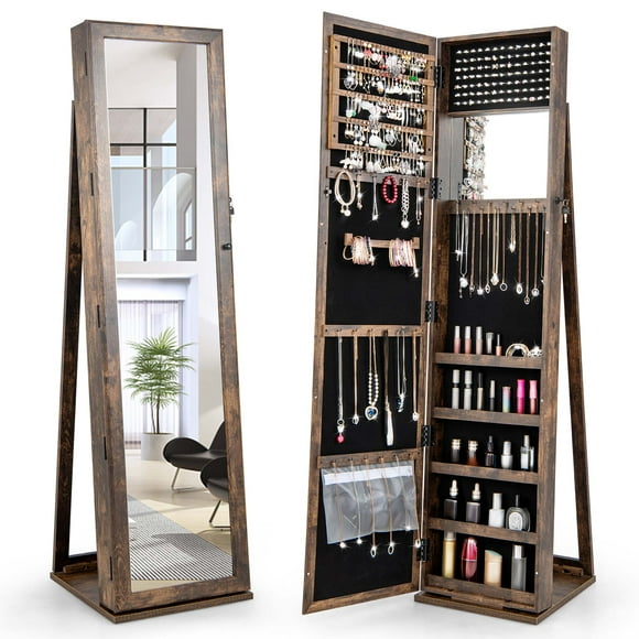 Costway Mirrored Jewelry Cabinet Armoire Lockable Standing Storage Organizer with Shelf