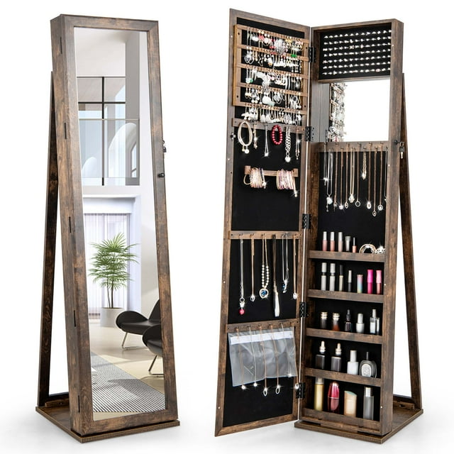 Costway Armoire à Bijoux Miroir Verrouillable, Organisateur de Rangement Autoportant avec Tablette