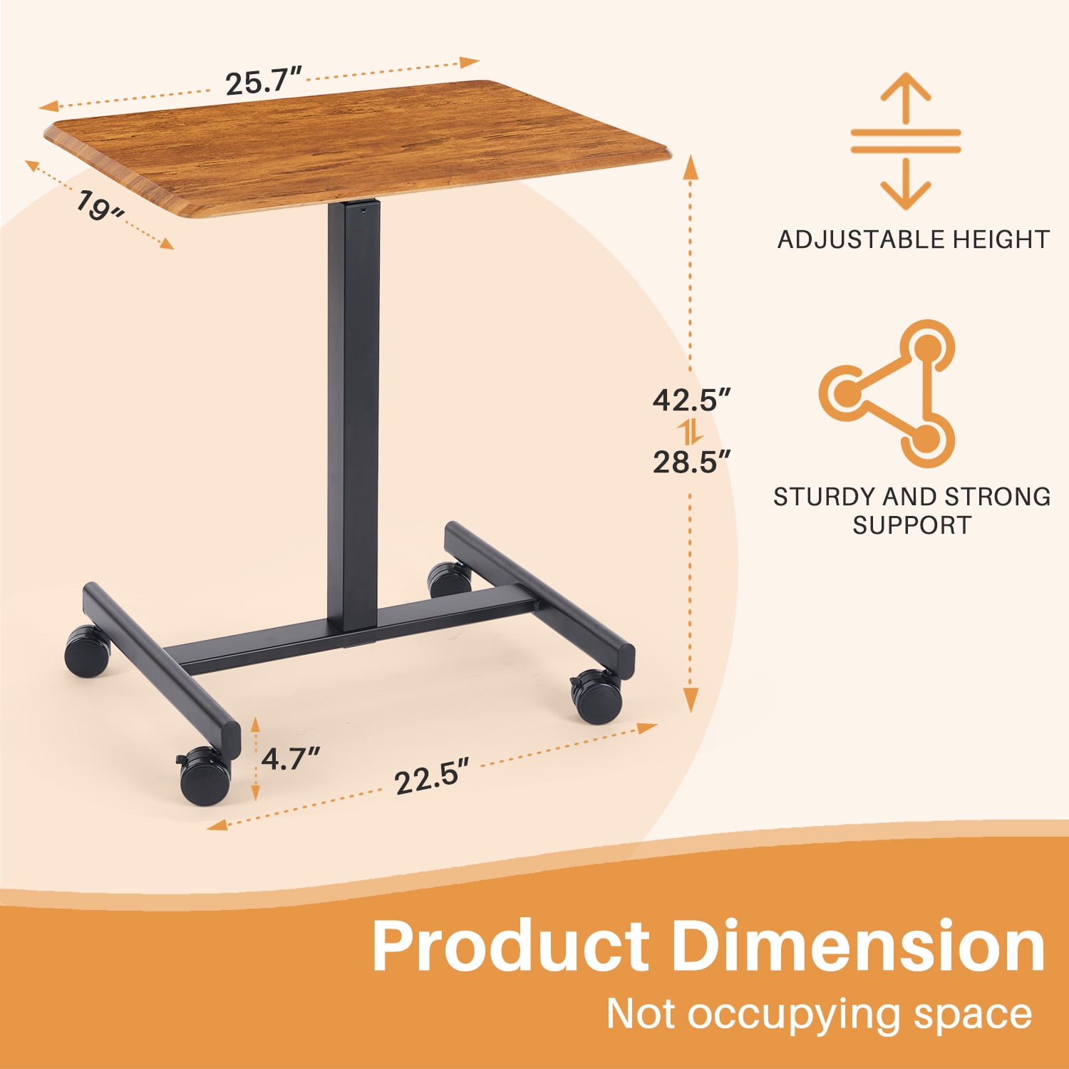 Mobile Small Standing Desk, Sit-Stand Portable Laptop Table with Lockable Wheels, Height Adjustable for Home Office, Brown