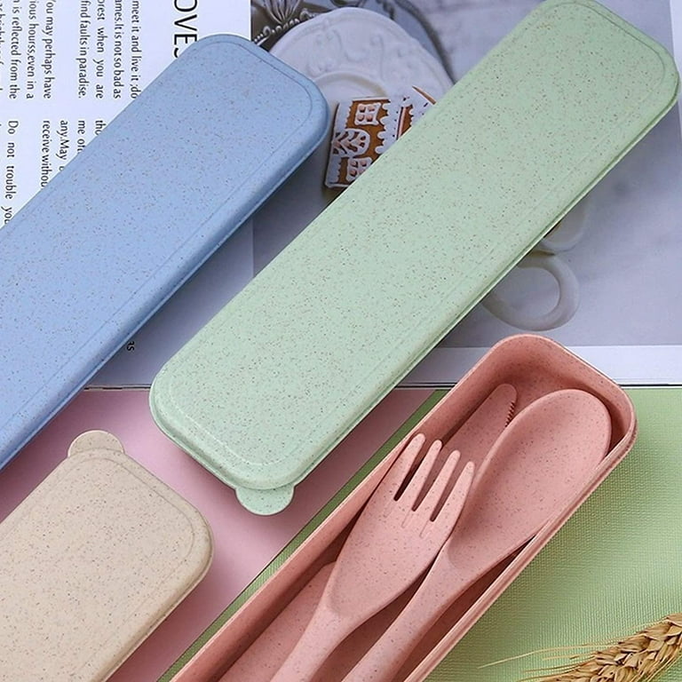 Reusable Utensils Set with Case, 4 Sets Wheat Straw Travel Cutlery Set,  Portable Spoon Knife Fork Chopsticks Lunch Box Utensil Set for Kids Adults