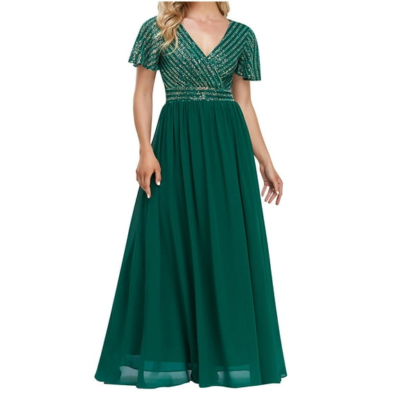 Mrat Women's Sequin Embroidery V-Neck Short Sleeve Maxi Evening Dress Prom Gowns Maxi Plus Size Evening Formal Dress Short Sleeve Long Gown Dress Green L
