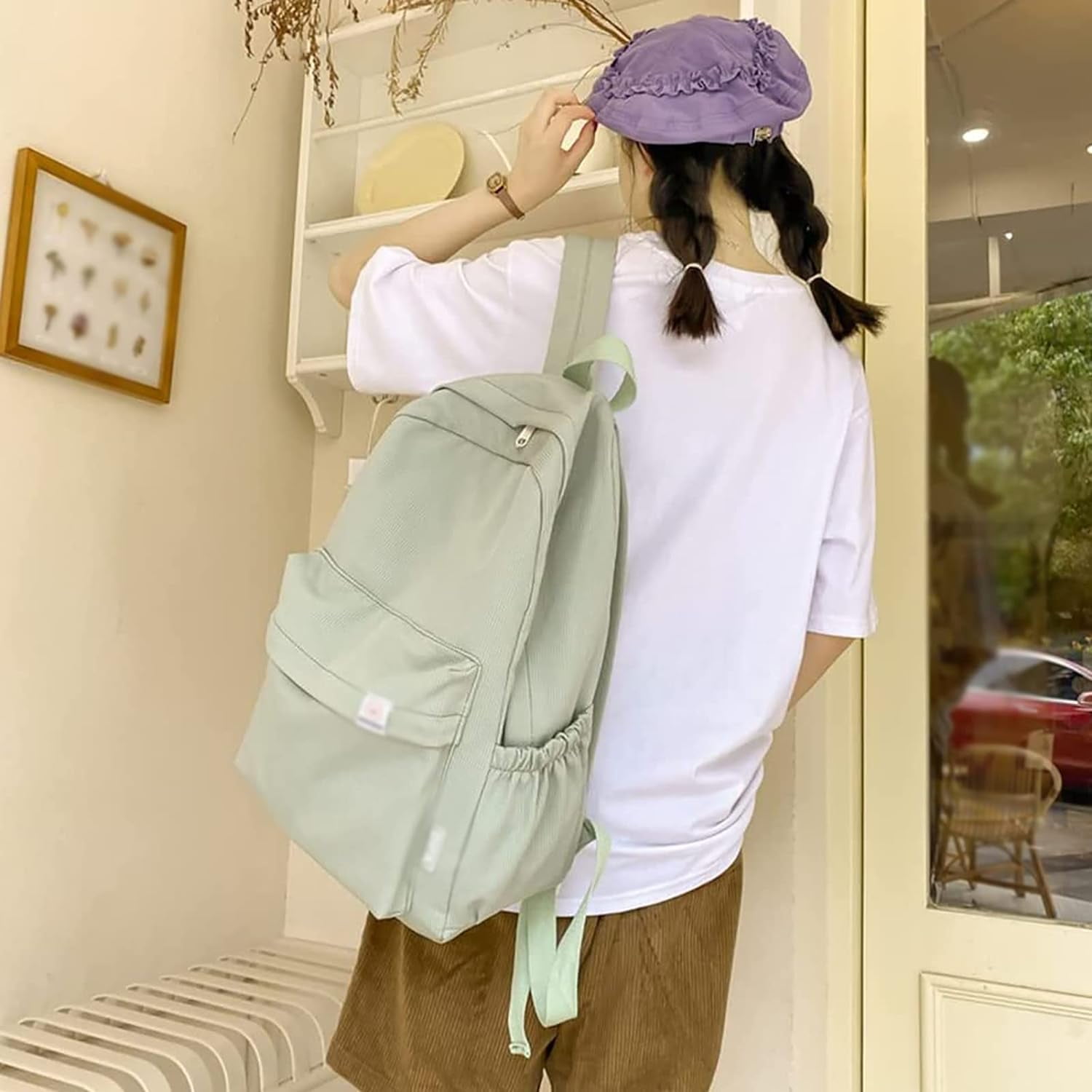 Cute Sage Green Backpack for School, Aesthetic Backpack School