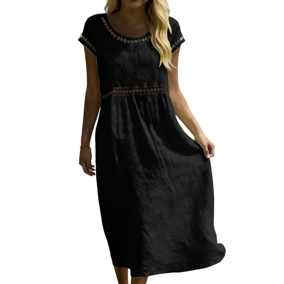 Admvng Linen Dresses for Women Lace Trim Summer Casual Short Sleeve Round Neck Dress Boho Dress