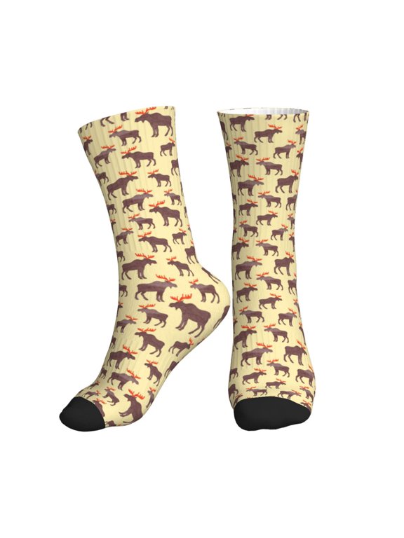 Crew Socks for Women Men Athletic - vintage moose elk yellow cool Soft Comfort Breathable Mid-Calf Sole Running Socks Womens Men