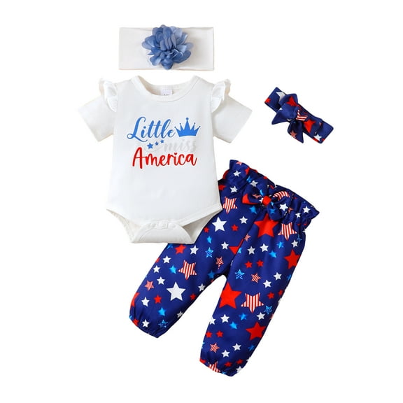 KIMI BEAR Infant Baby Girls Independence Day Outfits 12-18 Months Fourth of July Clothes Sets Ruffle Short Sleeves Letter Bodysuit Bowknot Pants with 2PCS Headband 4pcs White