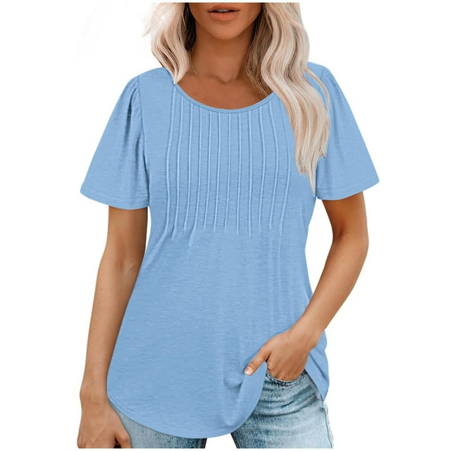 AherBiu Blouses pour Femmes Élégantes Décontractées à Manches Courtes Chemises d'Été Froncées Col Rond Tuniques Amples