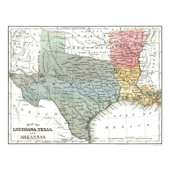 Historic State Map - Louisiana Texas Arkansas - Mitchell 1869 - Vintage Wall Art