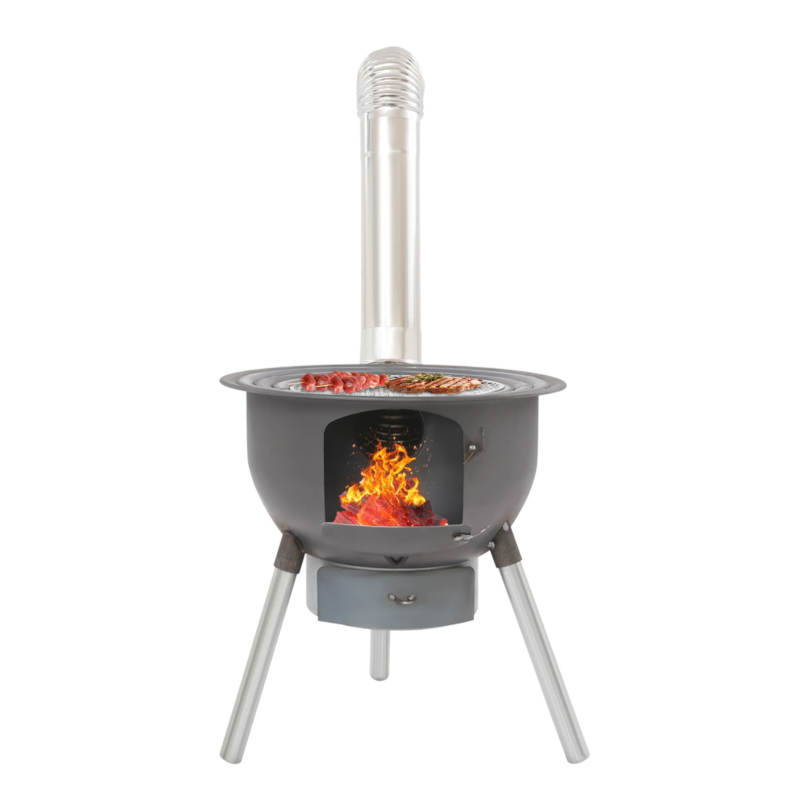 ToppiJoy Portable Wood Burning Stove, Camping Wood Stove with Grill & Chimney Pipe Multifunctional Rocket Stoves for Outdoor Cooking Woods Burning Tent Stove