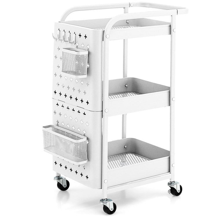 White Powder-Coated Carbon Steel 3-Tier Utility Storage Cart with Pegboard Baskets