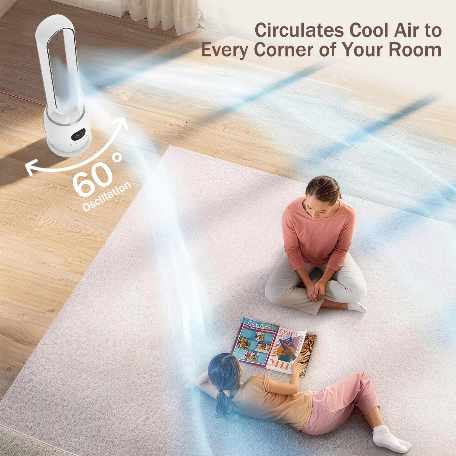 34in Bladeless Tower Fan with 60°Oscillating, 3 Speeds & 3 Modes Standing Floor Fan Equipped Remote Control, 12H Timer for Indoor Room Use