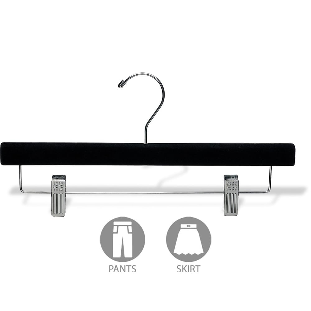 The Great American Hanger Company Black Velvet Wooden Pant Hanger with Adjustable Cushion Clips, Flocked Bottom Hangers with Chrome Swivel Hook box of