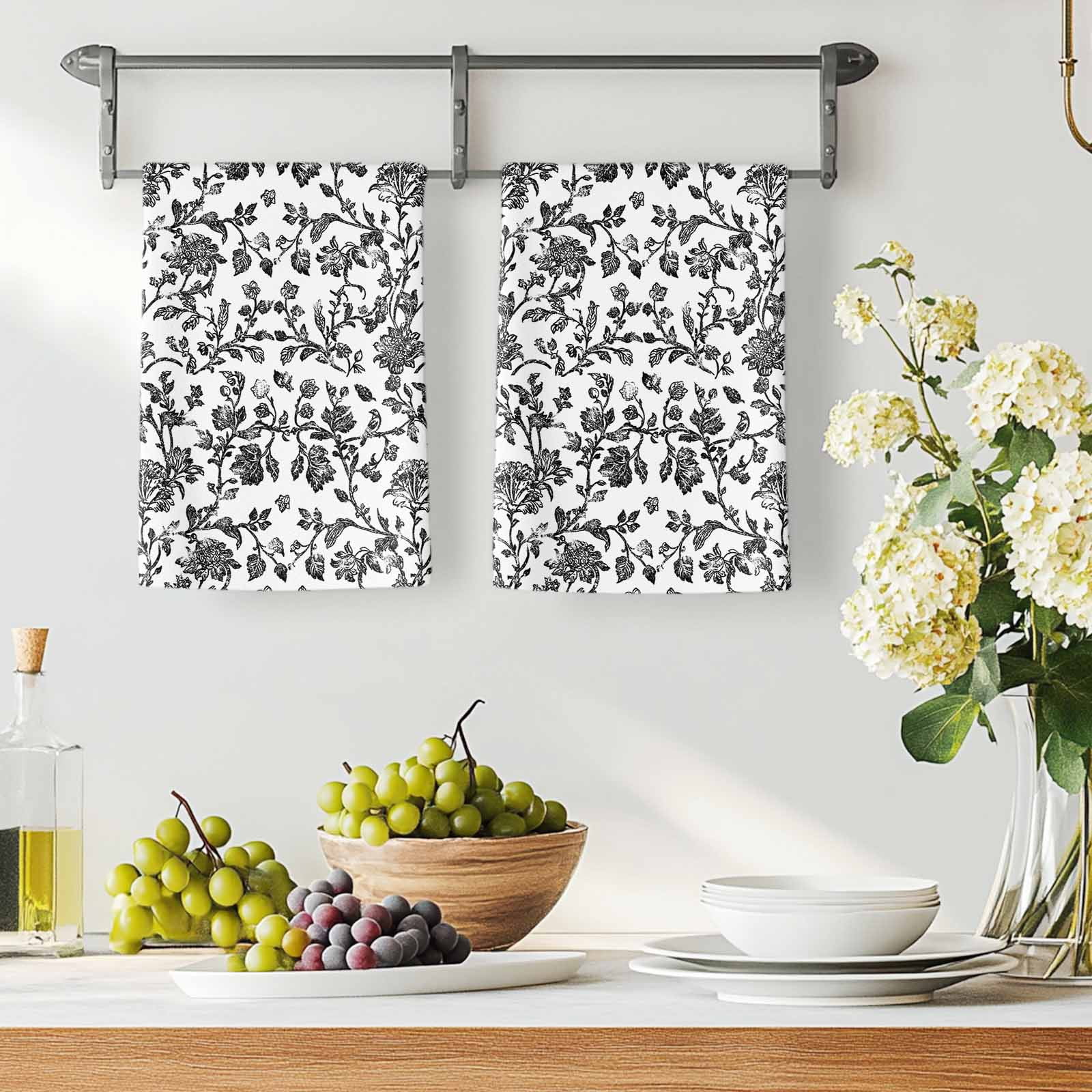 Black Flower Microfiber Kitchen Towel, Vintage Farmhouse Boho Leaf Spring Plant Soft Absorbent Dish Towels, Quick Drying Washable Dishcloths for Kitchen Cleaning, Drying Dishes, 18x28 Inches