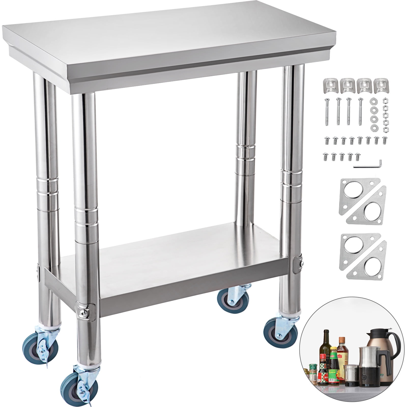 VEVOR Stainless Steel Work Table with Wheels 24"x12" Prep Table with Stainless Steel Utility Table With Wheels