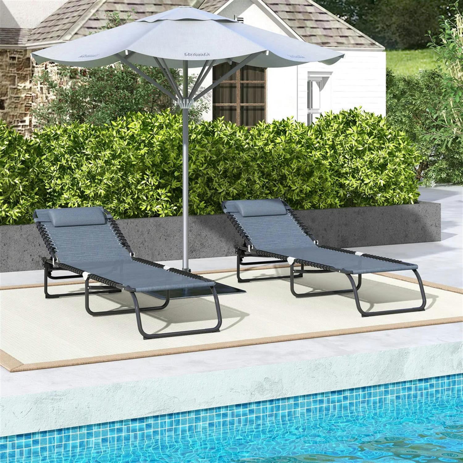 Demi Bonn Outdoor Folding Chaise Lounge Chairs Set of 2 with 4-Position Reclining Pillow-Back, Breathable Mesh Seat, Bungee for Pool, Beach, Patio, Gray