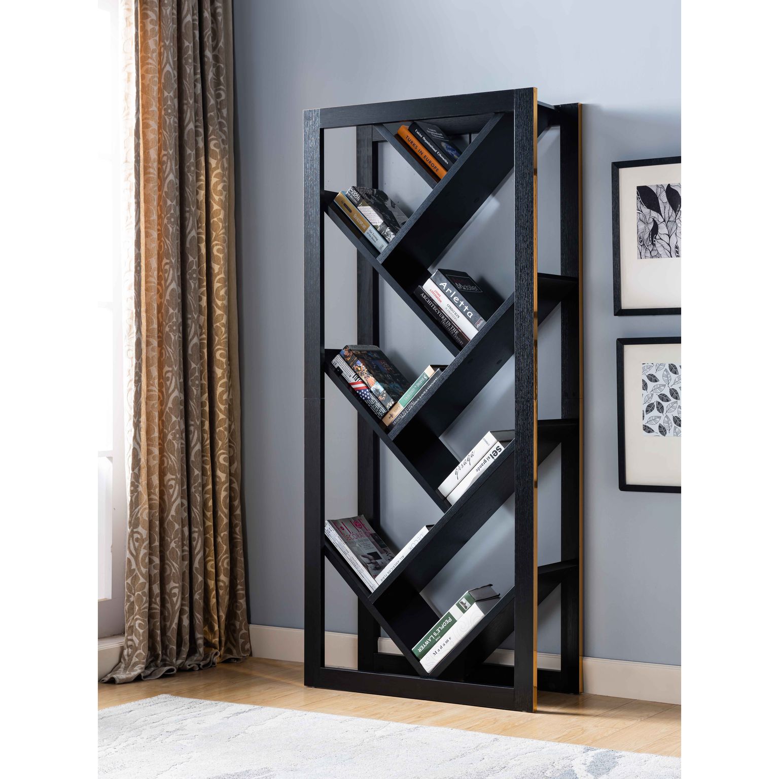 ICE ARMOR Black & Faux Gold Trim Bookcase with VShape Shelves