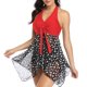 thumbnail image 2 of Traje de baño de dos piezas con cuello halter y costuras, traje de baño de talle alto a la moda para mujer, punto de onda roja S, 2 of 5