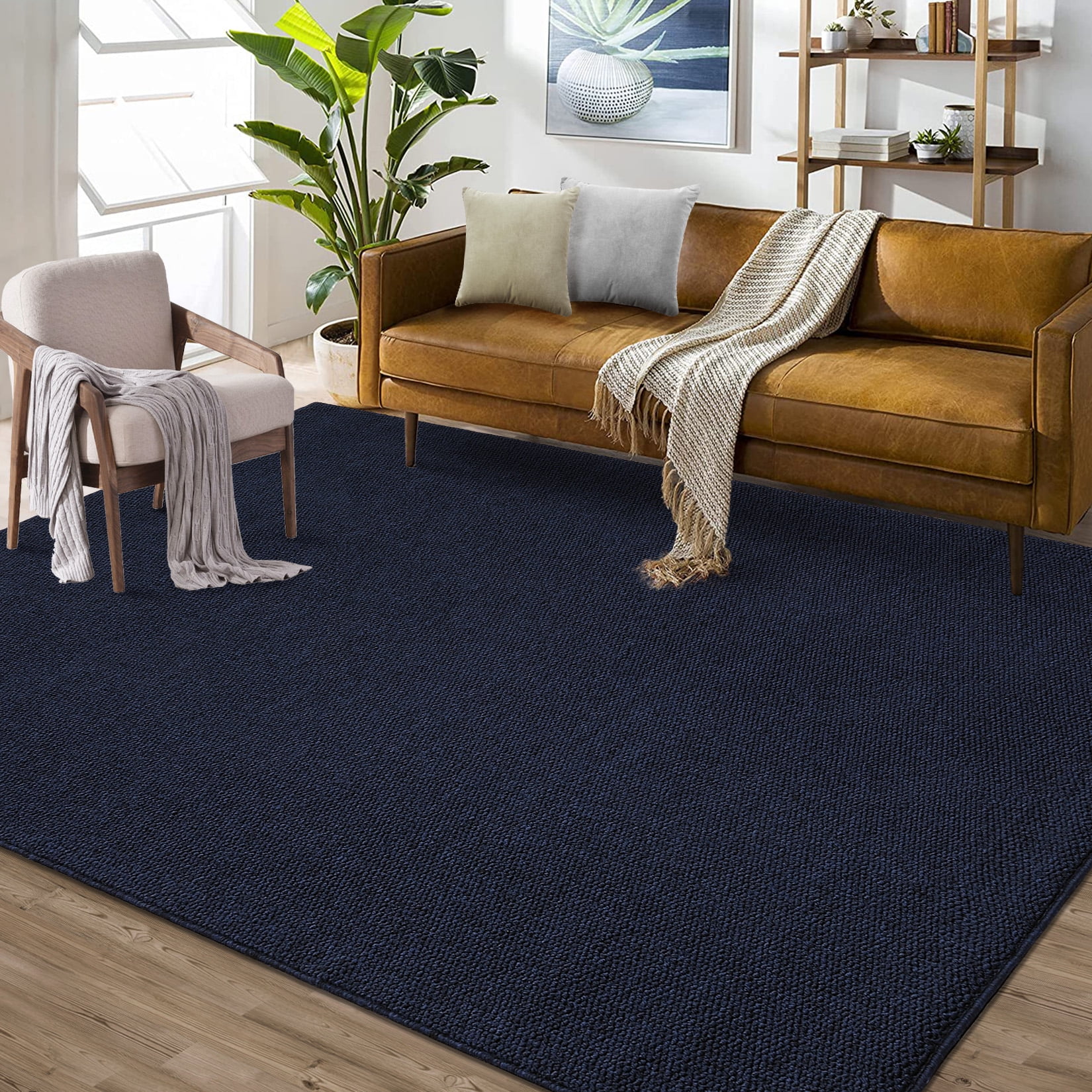 COZONY 10'x13' Washable Area Rug, Modern Textured Low-Pile Polypropylene Carpet, Stain Resistant Non-Slip Solid Accent Rug for Extra Large Living Room, Navy Blue