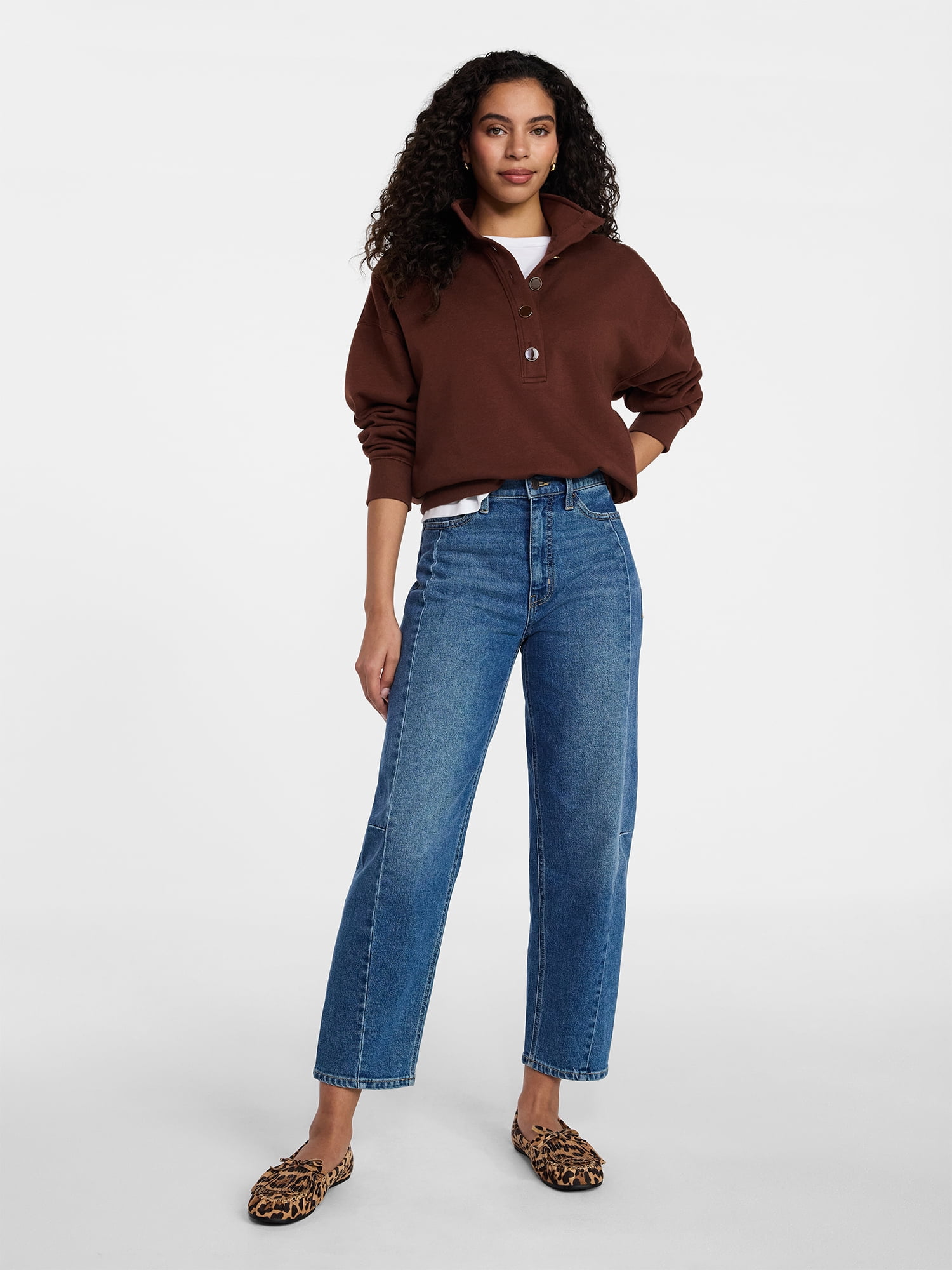 Time and Tru Women's Quarter Button Fleece Top with Long Sleeves, Size XS-4X