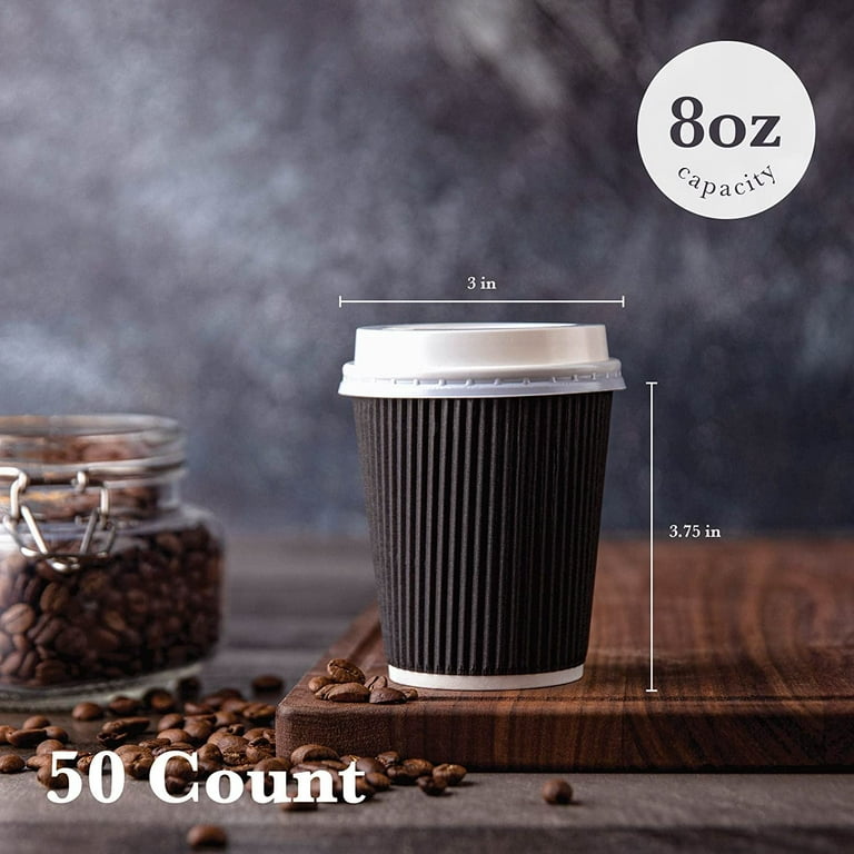 Disposable Coffee Cups with Lids 8 Oz. [50 pcs] Paper Coffee Cups, To Go  Coffee Cups Ripple Hot cups with Lids - Black