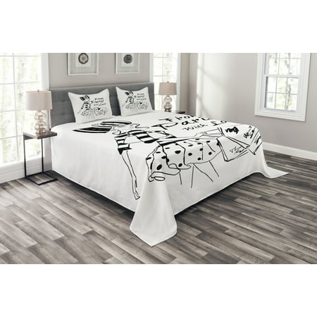 Bedspread With Skirt Paris Bedspread Set, From Paris with Love Fashion Hand Drawn Girl Figure Shopping Polka Dot Design Skirt, Decorative Quilted Coverlet Set with Pillow Shams Included, Black White, by Ambesonne ()