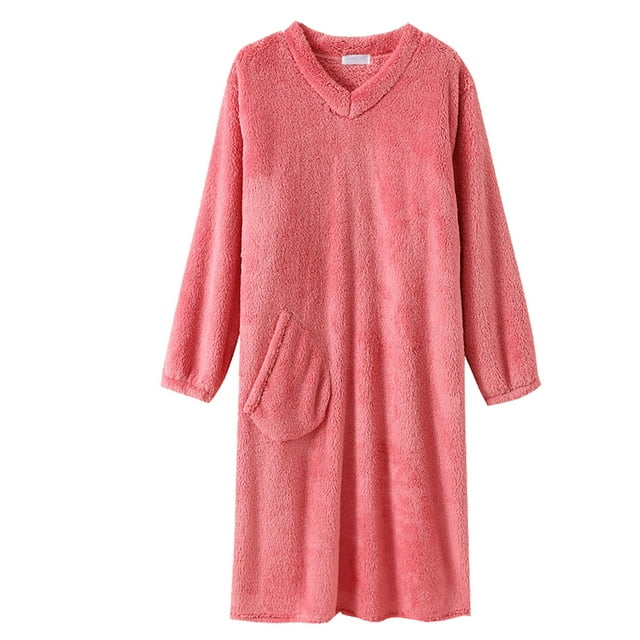 Yanlir Robe pour Femmes à Manches Longues Pyjama Douillet en Molleton Peignoir Chaud et Doux Tenue d'Intérieur pour Femmes Nuisette d'Hiver Relaxante Tenue d'Intérieur avec Poches (Rose, TG)