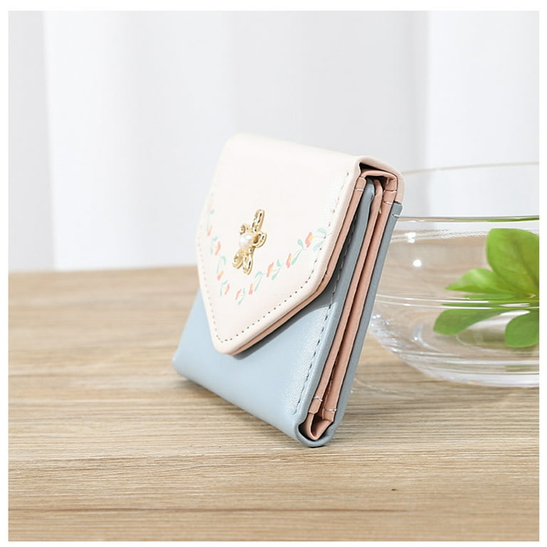 Qzbon CE Girls Flower Print Wallet Small Aesthetic Tri-Fold Purse PU Leather Cash Pocket ID Window Card Holder for Women/Black, Women's