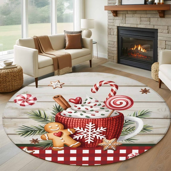 Round Area Rug 5ft Christmas Gingerbread Man on Wooden Area Rugs Washable Low Pile Floor Carpet for Bedroom, Xmas Red Plaid Snowflake Non Slip Soft Rugs for Living Room Entryway Dining Room