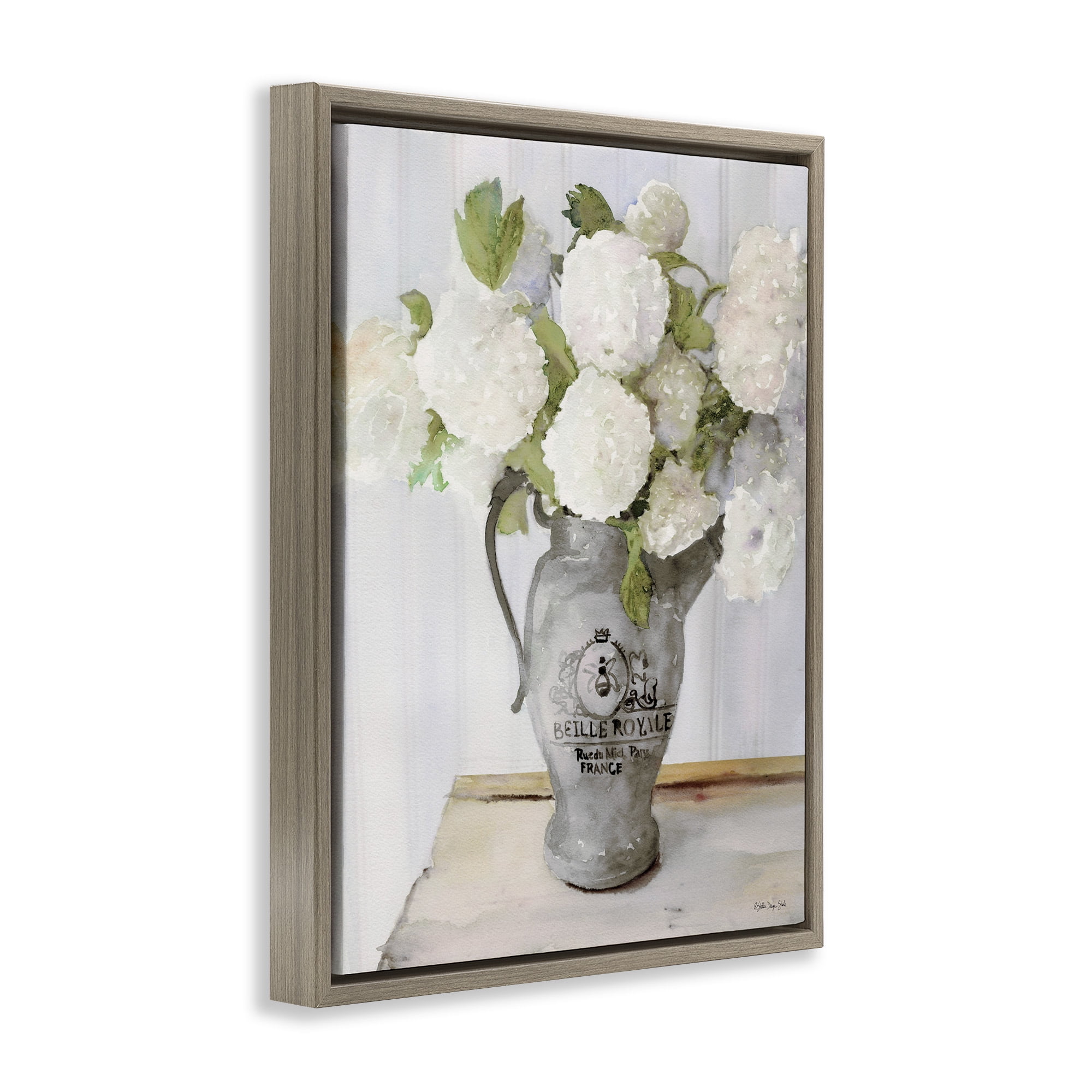 Stupell Industries Hydrangea in French Country Pitcher Botanical & Floral Painting Brown Floater Framed Canvas Art Print Wall Art, 25 x 31
