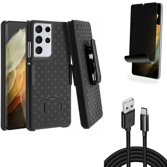 Case Belt Clip & Privacy Screen Protector & 10ft USB Cable for Samsung Galaxy S21 Ultra Phone - Holster Swivel & TPU Film Fingerprint Works & Type-C Charger Cord Accessory Bundle