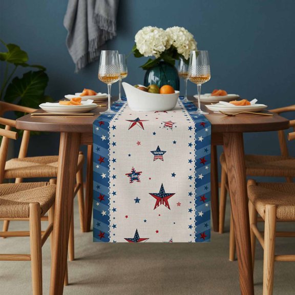 Table Runner Independence Day American Flag Stars Blue Stripes Patriots Dresser Scarves 13x36 Inch,Linen Table Runners Red Pentagram Tablerunner for Home Dining Indoor Outdoor Wedding Party Tabletop
