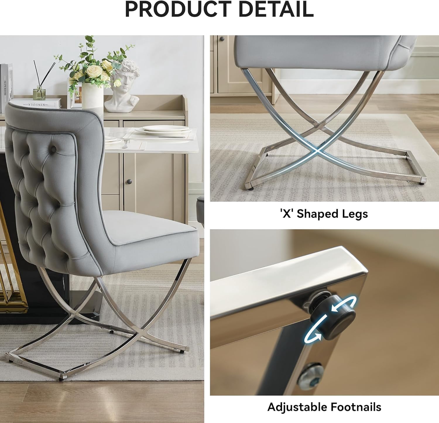 2PCS Luxury Velvet Dining Chairs, Tufted Upholstered Armless Accent Chairs with Silver Metal X-Legs, Modern Glam Dining Chair Kitchen Chairs,Light gray