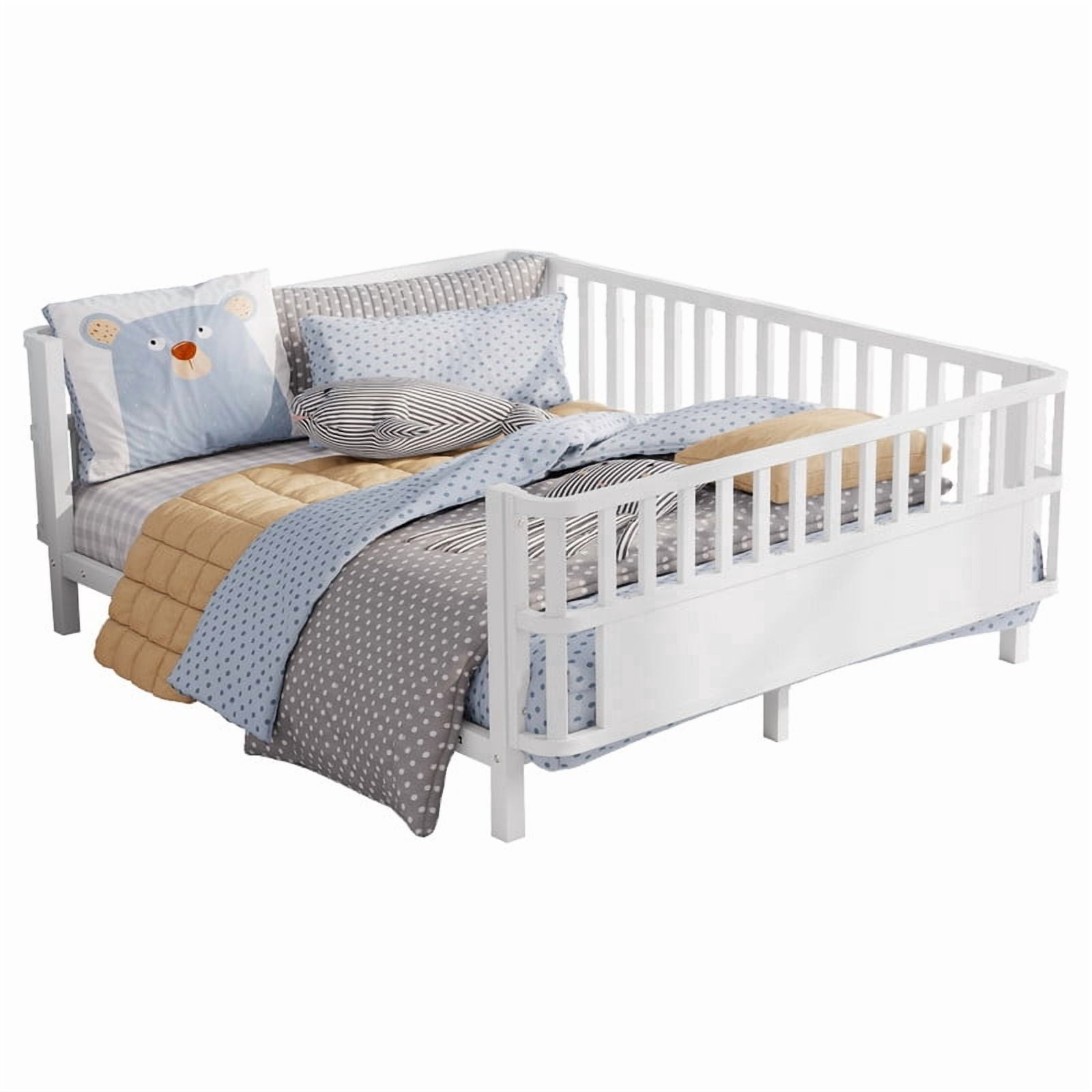 Mirightone Full Montessori Floor Bed, Metal Platform Bed Frame with Safety Guardrails, Low to Ground Bed for Bedroom Nursery, No Box Spring Needed, White