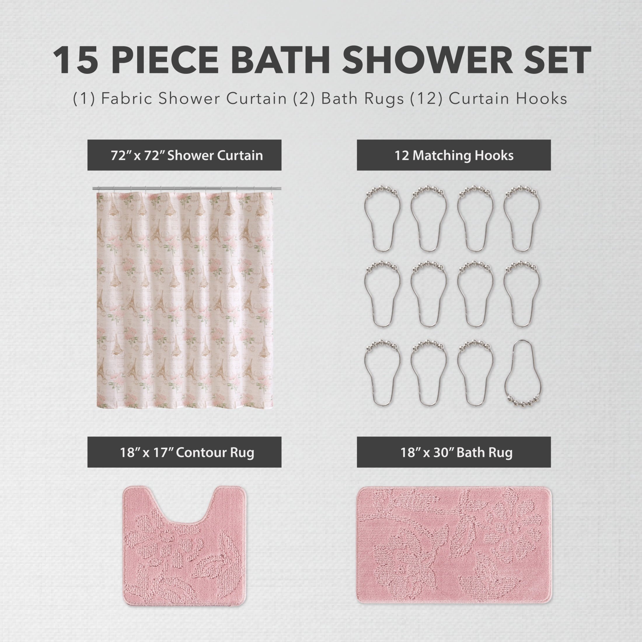 CHI Vintage Floral Shower Curtain with Hooks and Rugs Modern Washable 72" W x 72" L 15-Piece Set