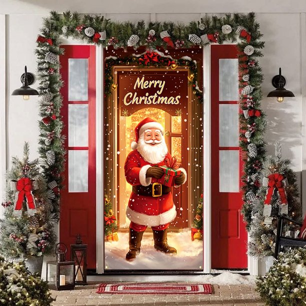 Linnome 35x71 Inch Santa Claus Door Decoration, Christmas Pattern Door Cover for Indoor Outdoor Use, Holiday Decor
