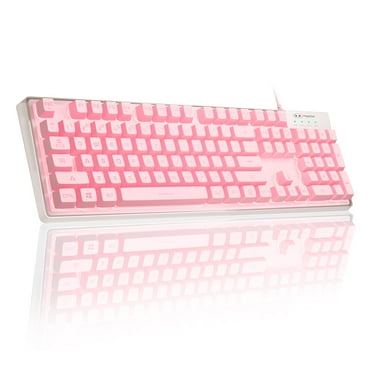 MageGee Gaming Keyboard, 7 Solid Colors Backlit Wired Gaming Keyboard with Clear Housing and Double-Shot Keycaps, K1 Waterproof Ergonomic 104 Keys Light Up Keyboard for PC Desktop Laptop, Pink C5