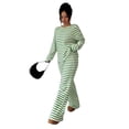 thumbnail image 4 of Domzest Womens 2 Piece Sets Crew Neck Long Sleeve Striped Blouse Matching Elastic High WaistWide Leg Pants Casual Spring Fall Outfits Green XXL, 4 of 6
