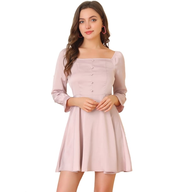 Vestido ajustado Allegra K con cuello cuadrado y manga abullonada Rosa XL