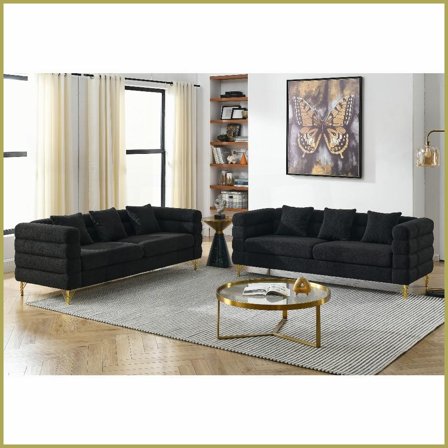 2-Piece 3-Seater Black Teddy Fabric Sofa Set – Streamline Modern Living Room Furniture with Gold Metal Legs