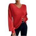 thumbnail image 2 of Miluxas Womens V Neck Long Sleeve Shirts Dressy Pure Color Casual Fall Tops Trendy Loose Knit Blouse Red XL, 2 of 9