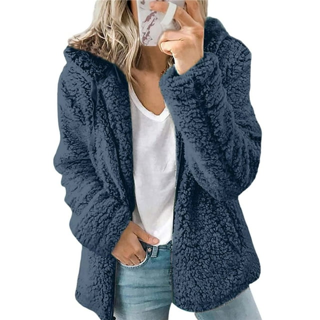 Chaqueta Ligera y Cálida para Mujer, Grandes, con Capucha y Cremallera, Abrigo de Invierno de Forro , Cárdigan Suave y Afelpado con Bolsillos. Azul XXXL