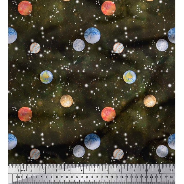 Soimoi Rayon Crepe Fabric Planet Galaxy Printed Craft Fabric by the Yard 46 Inch Wide